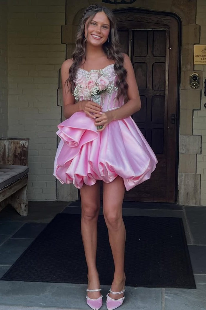 Cute Pink Strapless A-Line Ruched Empire-Waist Short Homecoming Dress
