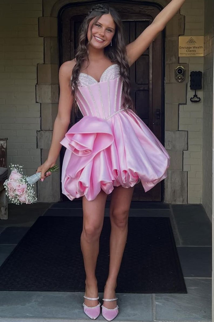 Cute Pink Strapless A-Line Ruched Empire-Waist Short Homecoming Dress