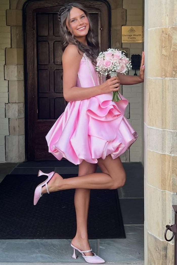 Cute Pink Strapless A-Line Ruched Empire-Waist Short Homecoming Dress