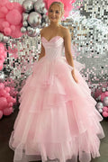 Cute Pink Strapless Empire-Waist V-Neck Ruffles A-Line Prom Dress