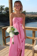 Cute Pink Strapless Pleats Sleeveless Satin Formal Prom Dress with Slit