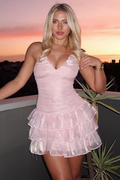 Cute Pink V-Neck Ruffles A-Line Sleeveless Short Homecoming Party Dress