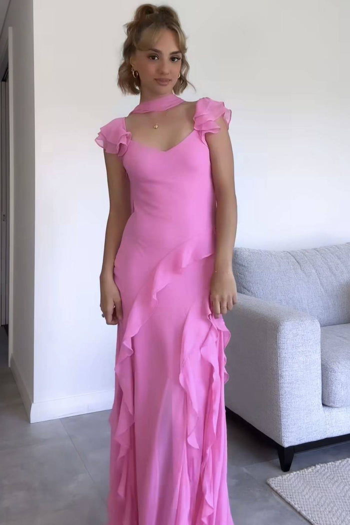 Cute Pink V-Neck Straps Ruffles Sleeveless Sheath Long Prom Dress
