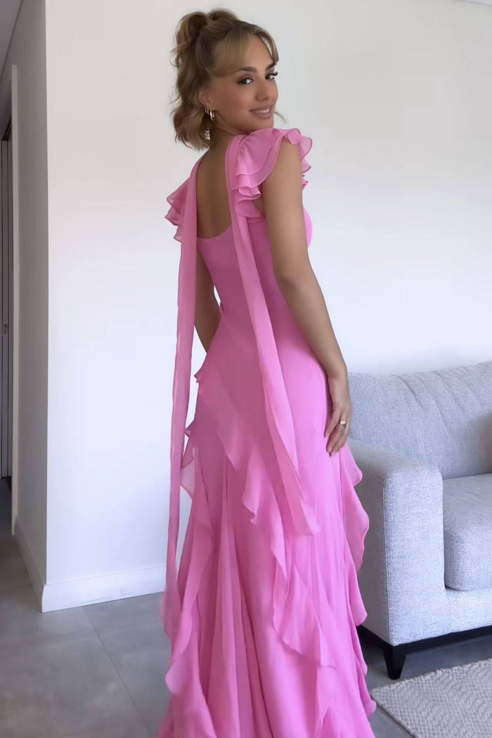 Cute Pink V-Neck Straps Ruffles Sleeveless Sheath Long Prom Dress