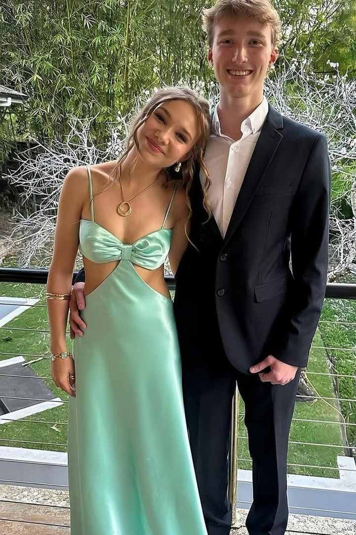 Cute Spaghetti Straps Bow Satin Sleeveless Long Formal Prom Dress