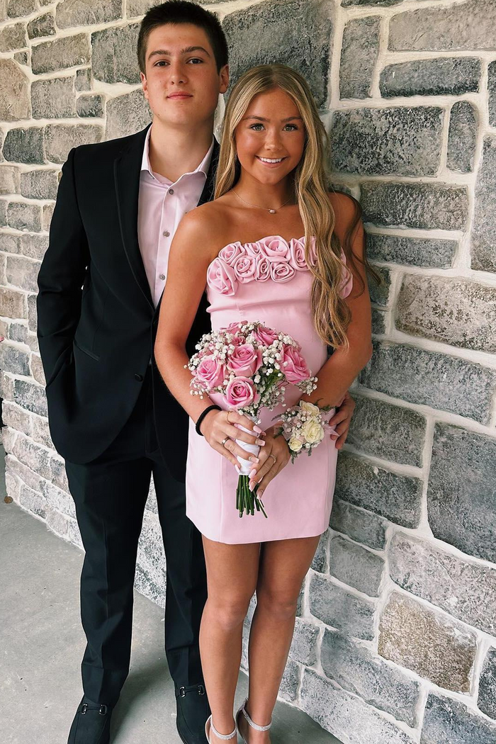 Cute Strapless 3D Flower Sleeveless Satin Bodycon Homecoming Dress