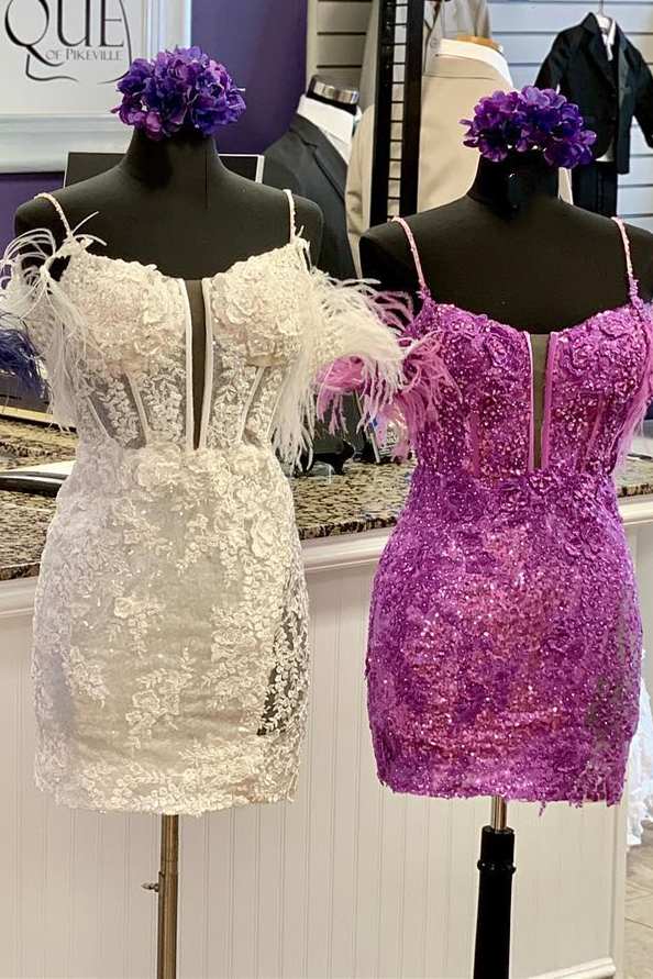 Dark Periwinkle Cold-Shoulder Feather Mini Homecoming Dress
