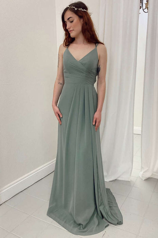 Dark Sage Green V-Neck A-Line Long Bridesmaid Dress