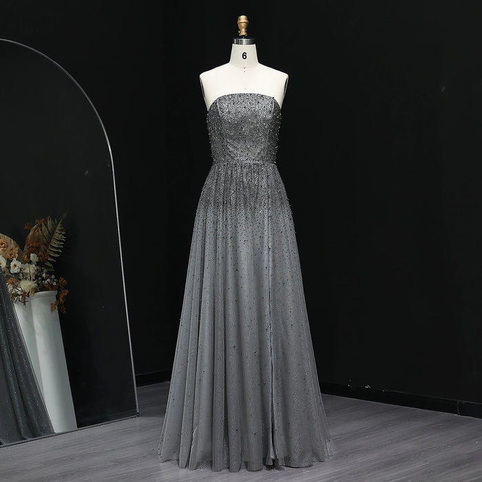 Dazzling Gray Crystal Spaghetti Evening Dress SS375