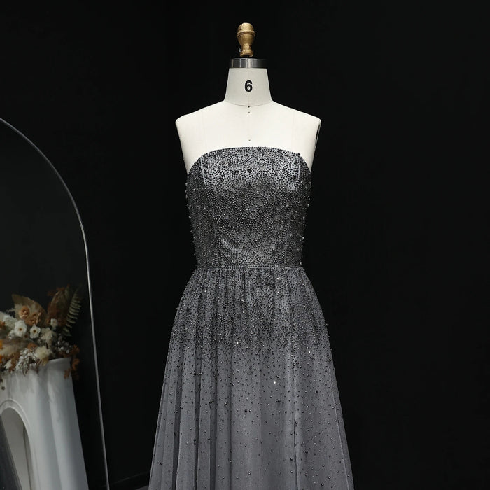 Dazzling Gray Crystal Spaghetti Evening Dress SS375