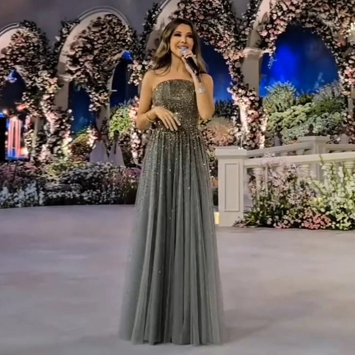 Dazzling Gray Crystal Spaghetti Evening Dress SS375