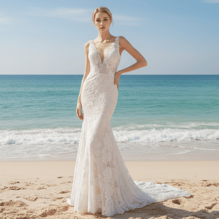 Deep V Neck Fit and Flare Wedding Dress With Open Back - Rosymae