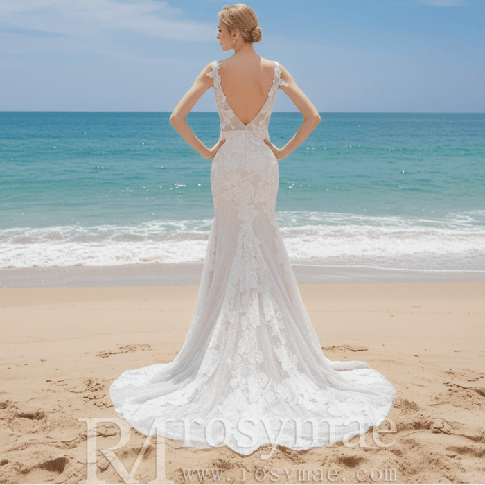 Deep V Neck Fit and Flare Wedding Dress With Open Back - Rosymae
