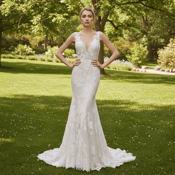 Deep V Neck Fit and Flare Wedding Dress With Open Back - Rosymae