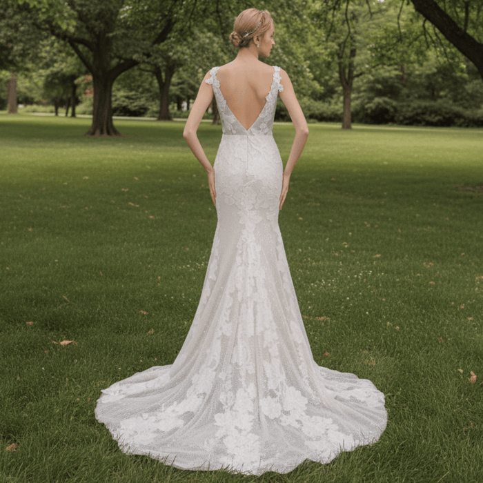Deep V Neck Fit and Flare Wedding Dress With Open Back - Rosymae