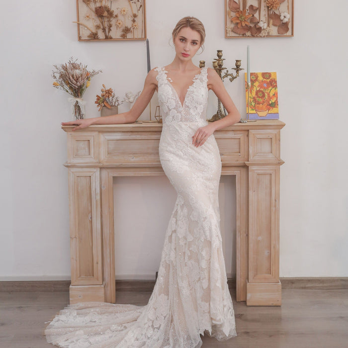 Deep V Neck Fit and Flare Wedding Dress With Open Back - Rosymae