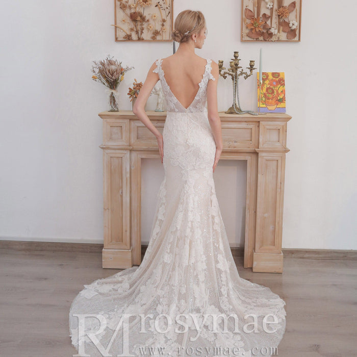 Deep V Neck Fit and Flare Wedding Dress With Open Back - Rosymae