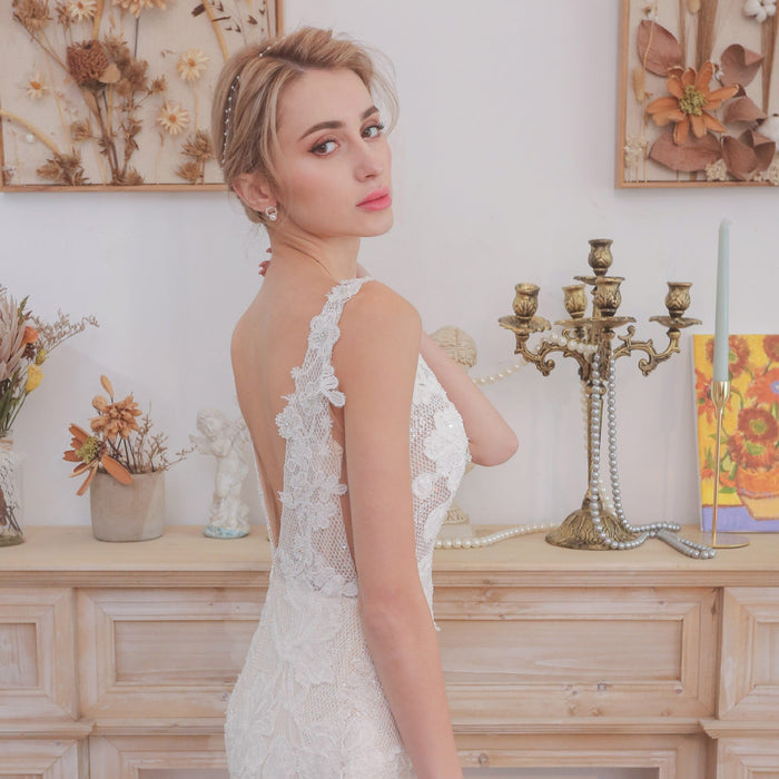 Deep V Neck Fit and Flare Wedding Dress With Open Back - Rosymae