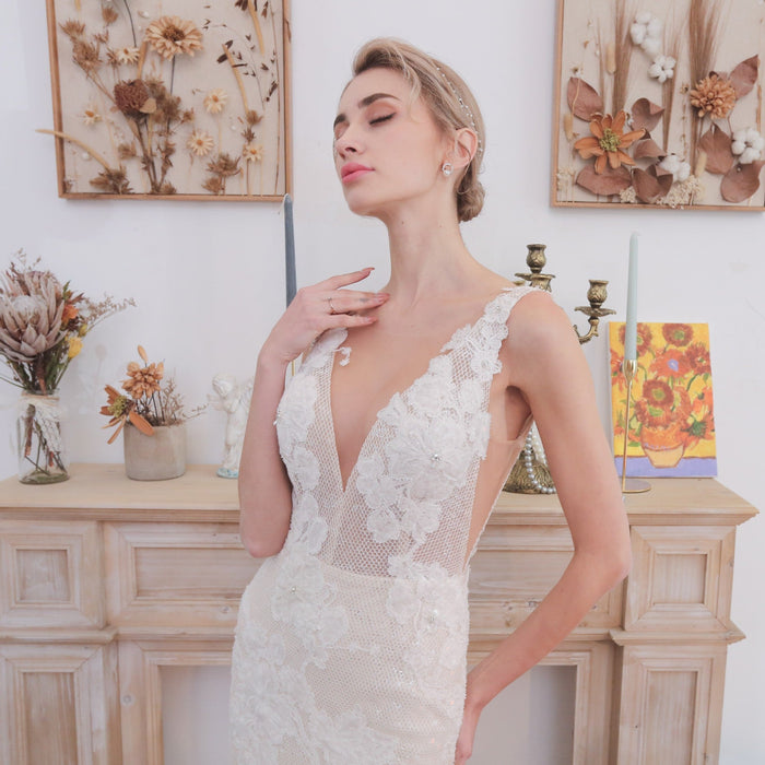 Deep V Neck Fit and Flare Wedding Dress With Open Back - Rosymae