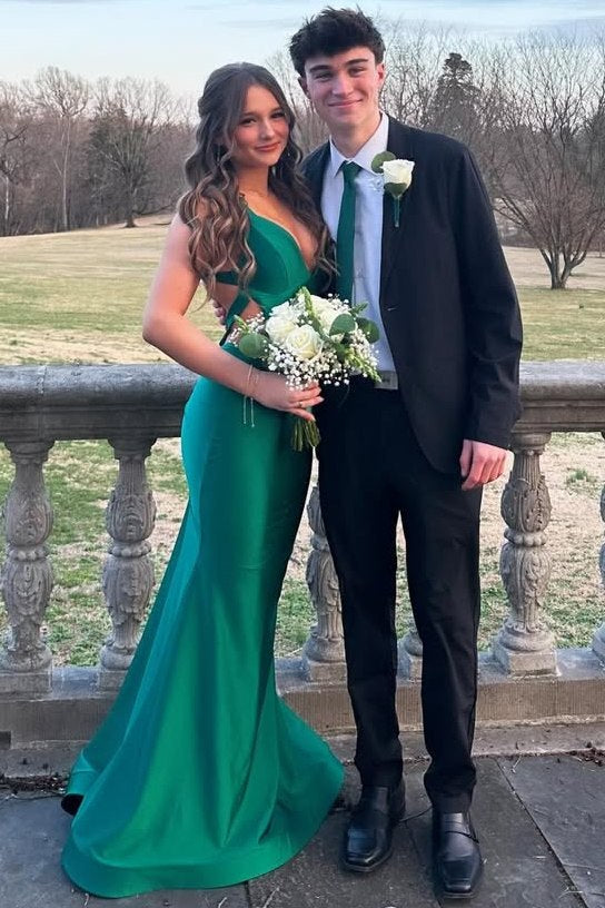 Deep V-Neck Straps Backless Satin Sleeveless Mermaid Long Prom Dress
