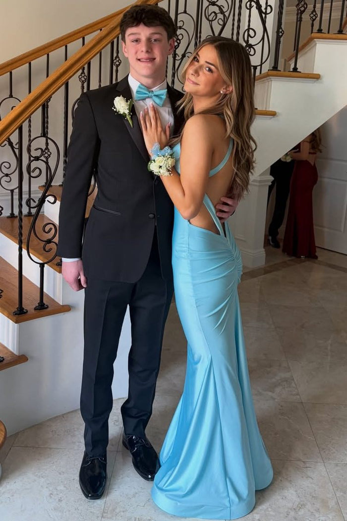 Deep V-Neck Straps Backless Satin Sleeveless Mermaid Long Prom Dress