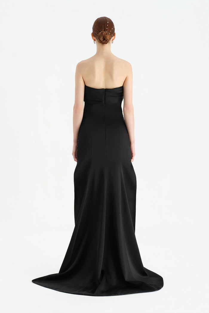 Göğüs Saten Katlamalı Drape Detaylı Taşlı Abiye Elbise- 26077C - SİYAH