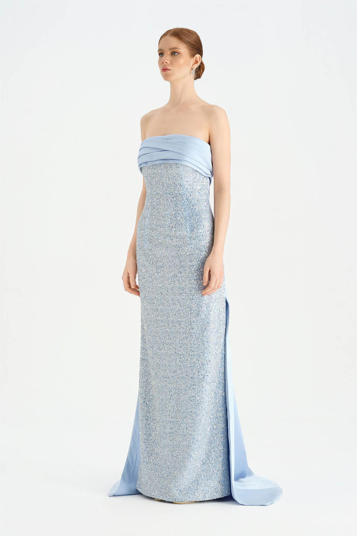 Göğüs Saten Katlamalı Drape Detaylı Taşlı Abiye Elbise- 26077C - Bebe Mavi