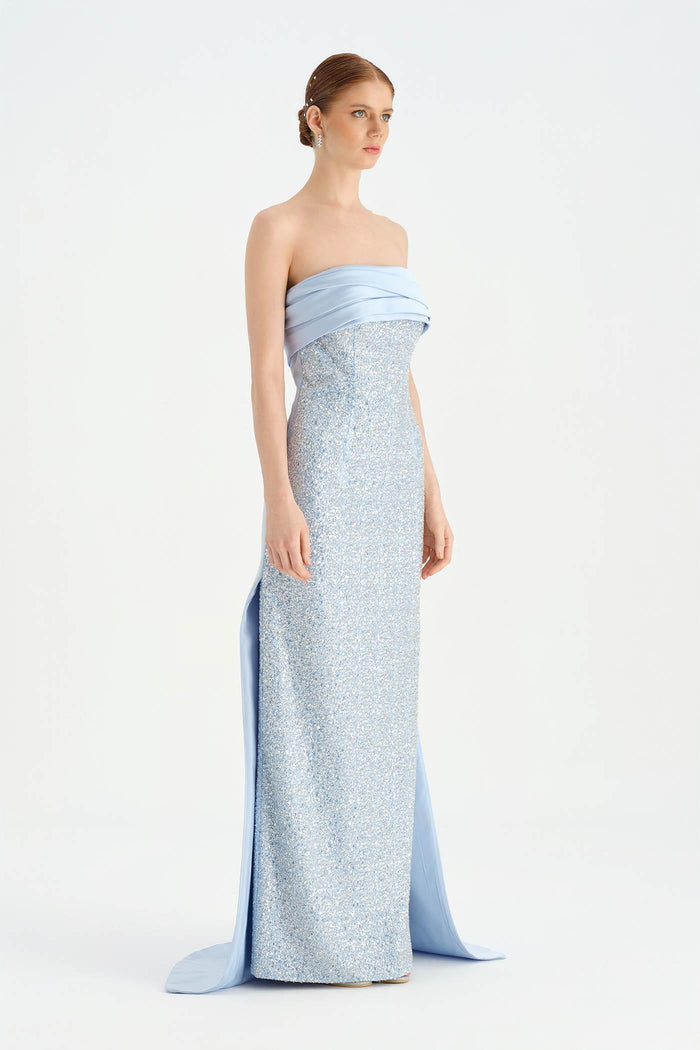 Göğüs Saten Katlamalı Drape Detaylı Taşlı Abiye Elbise- 26077C - Bebe Mavi