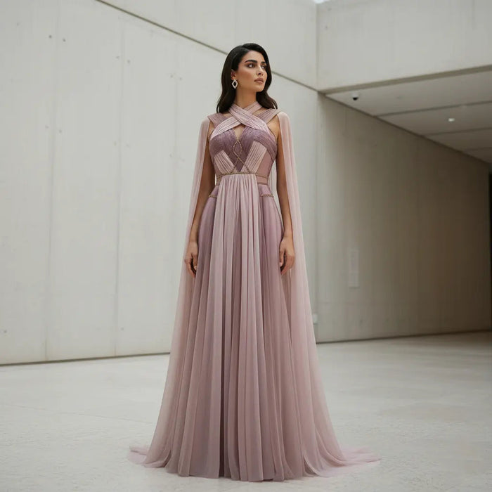 Dreamy Ombre Pink Evening Gown with Flowing Cape SS309-DreamyVow