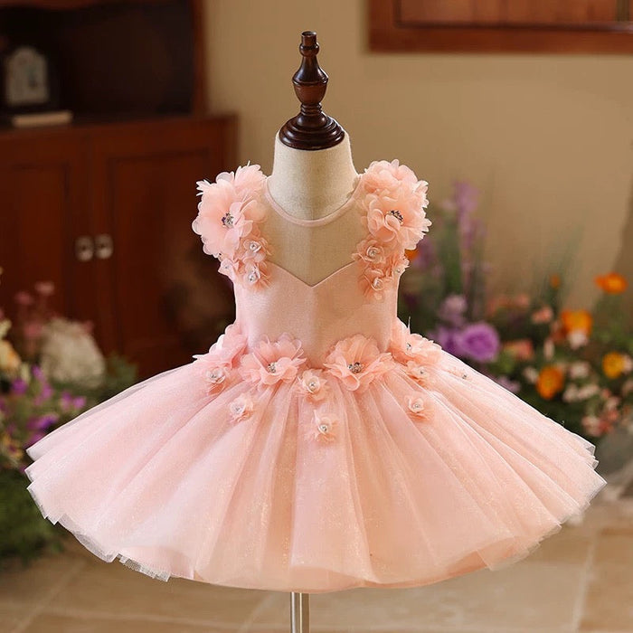 Dreamy Pink Flower Girl Dress Knee Length Toddler 1st Birthday Party J417
