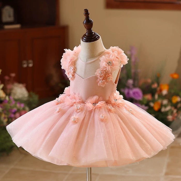 Dreamy Pink Flower Girl Dress Knee Length Toddler 1st Birthday Party J417