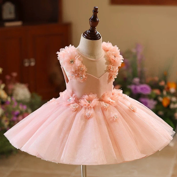 Dreamy Pink Flower Girl Dress Knee Length Toddler 1st Birthday Party J417