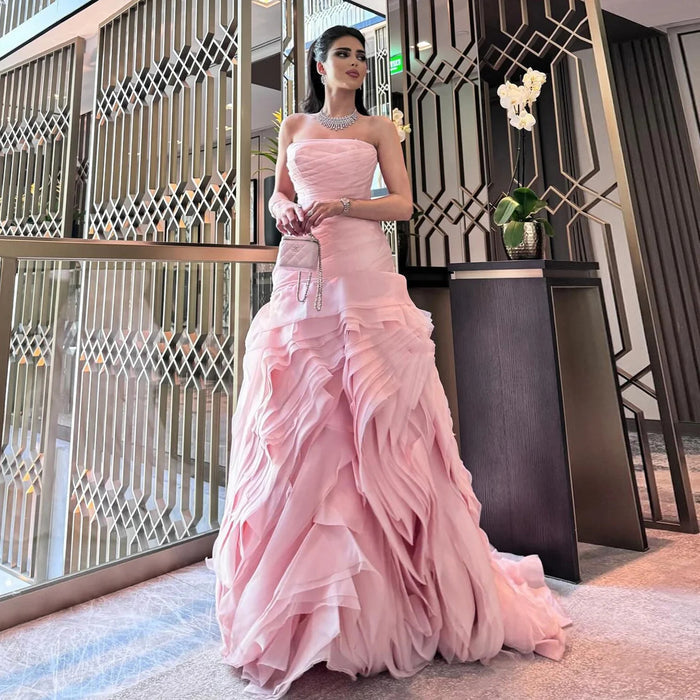 Dreamy Vow Elegant Strapless Ruffles Pink Evening Dress SD040