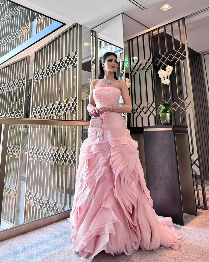 Dreamy Vow Elegant Strapless Ruffles Pink Evening Dress SD040