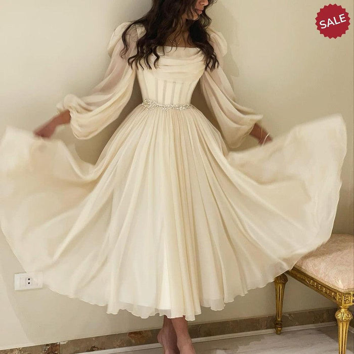 Dubai Beige Short Midi Arabic Evening Dress with Belt Long Sleeves SF267