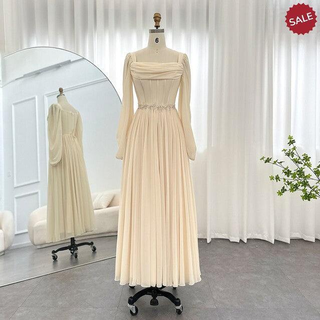 Dubai Beige Short Midi Arabic Evening Dress with Belt Long Sleeves SF267