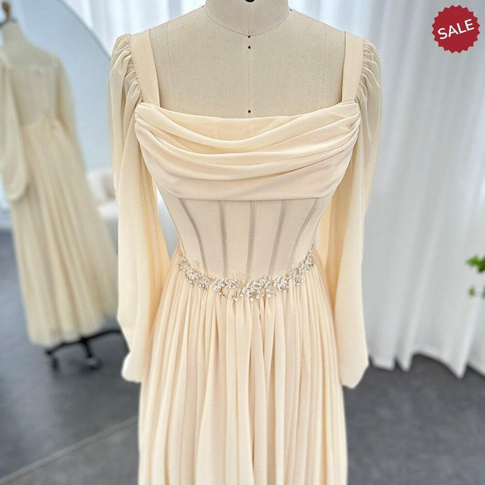 Dubai Beige Short Midi Arabic Evening Dress with Belt Long Sleeves SF267