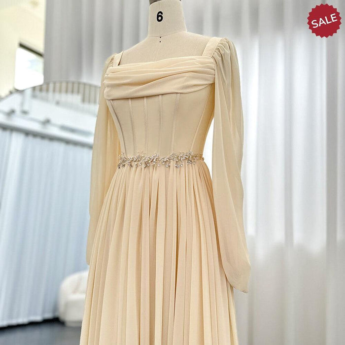 Dubai Beige Short Midi Arabic Evening Dress with Belt Long Sleeves SF267