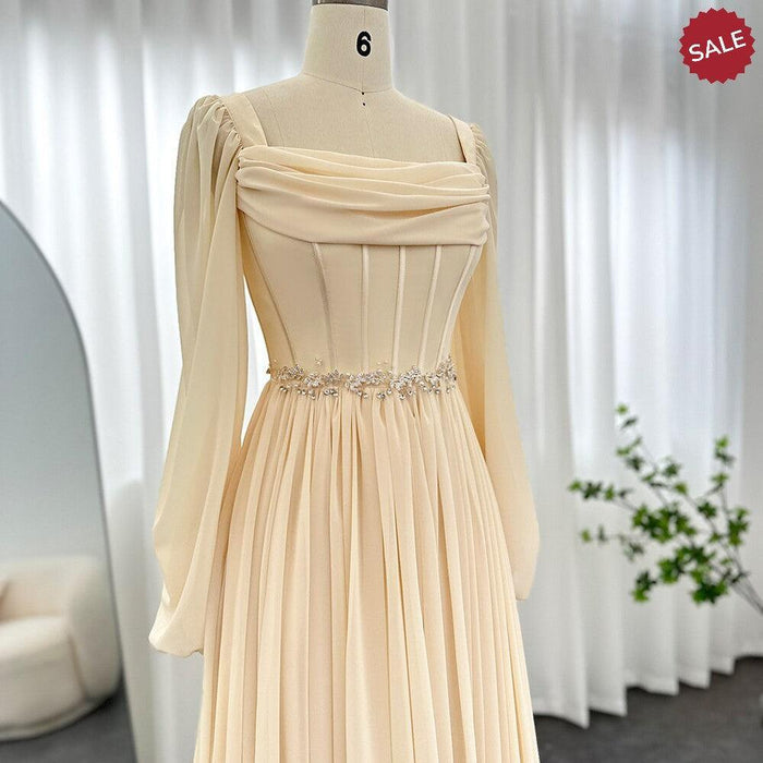 Dubai Beige Short Midi Arabic Evening Dress with Belt Long Sleeves SF267