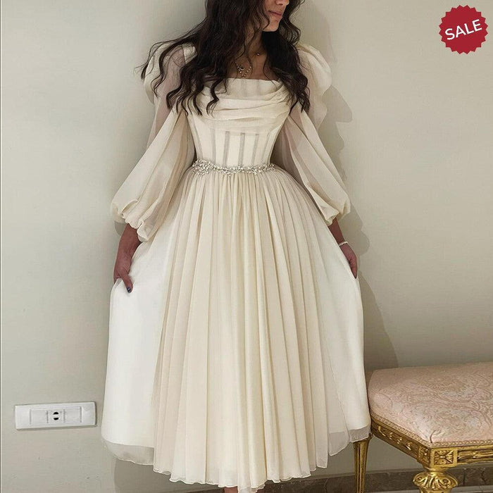 Dubai Beige Short Midi Arabic Evening Dress with Belt Long Sleeves SF267