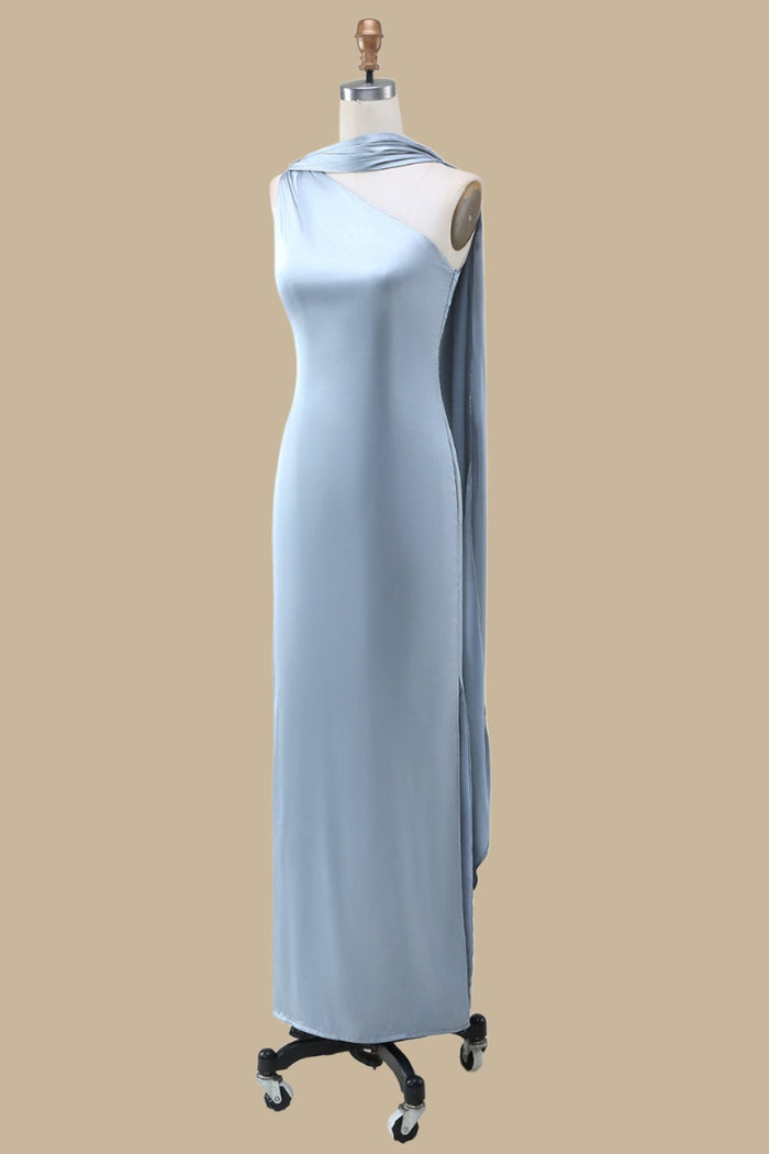 One-Shoulder Maxi Dress with Sash in dusty blue