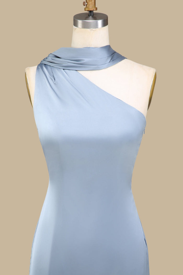 One-Shoulder Maxi Dress with Sash in dusty blue