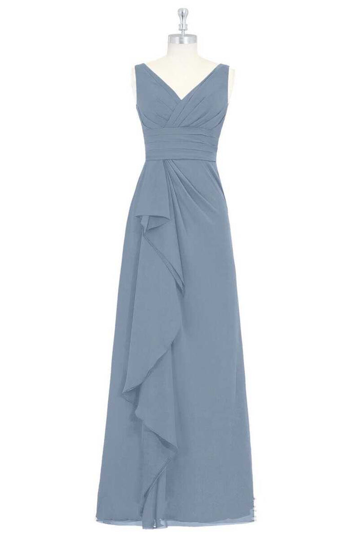 Dusty Blue V-Neck Backless Ruffled Long Bridesmaid Dress