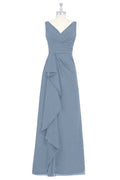 Dusty Blue V-Neck Backless Ruffled Long Bridesmaid Dress