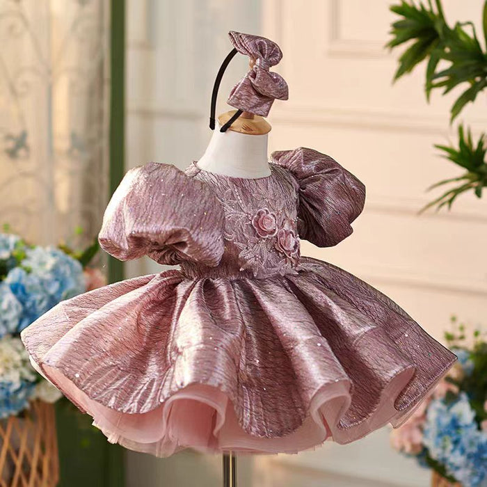 Dusty Pink Lace Knee Length 1st Birthday Girl Dress with Sleeve J312