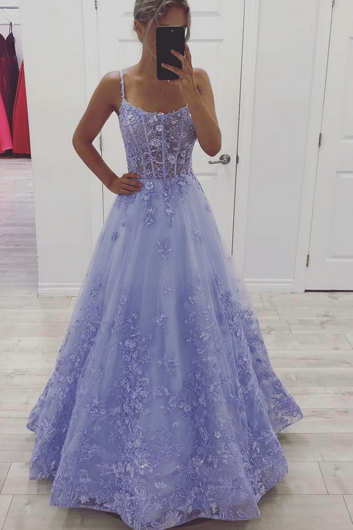 Elegant A-Line Double Straps Lace Appliques Sleeveless Long Prom Dress