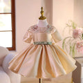 Elegant Applique Satin Flower Girl Dress With Bow Short Sleeve J503