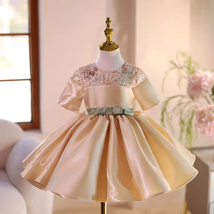 Elegant Applique Satin Flower Girl Dress With Bow Short Sleeve J503