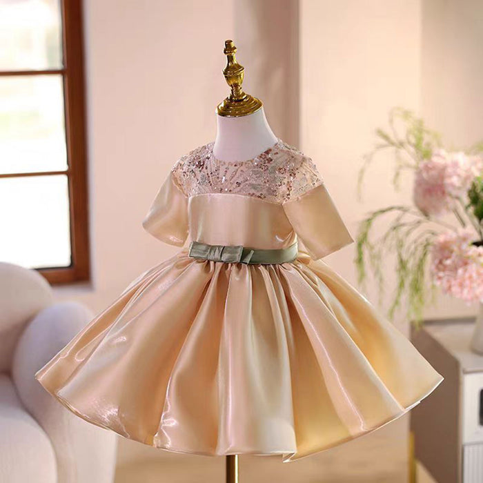 Elegant Applique Satin Flower Girl Dress With Bow Short Sleeve J503