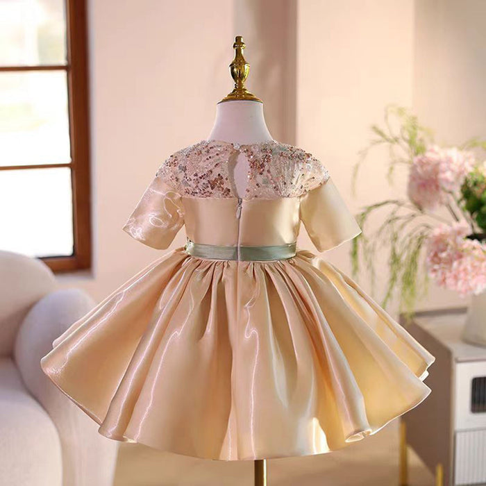 Elegant Applique Satin Flower Girl Dress With Bow Short Sleeve J503